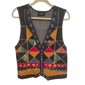 Vintage 90s Patchwork Denim Vest Small Boho Embroidered Folk Festival Y2K EUC